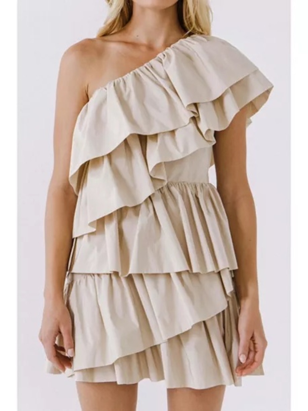 Endless Rose One-Shoulder Tiered Ruffle Mini Dress in Beige
